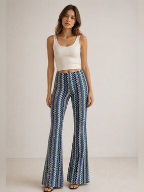 Eigth Sixty Wavy crochet sheer knit Stripe High-Rise Flare Pants size XS boho